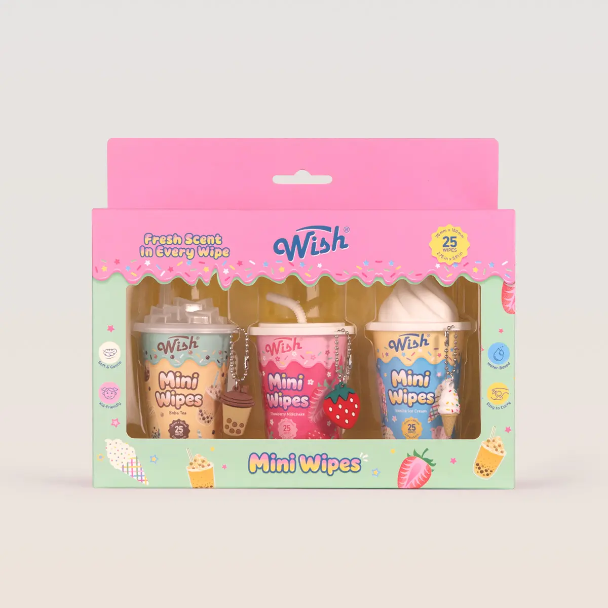 Wish Creamy Milky Sweetness Mini Hand Wipes Gift Box - Vanilla Ice Cream, Strawberry Milkshake, Boba Tea Scents, 3-Pack (25ct Each) with Keychain Charms for Kids Back to School, Casual Wardrobe & Home Care Use