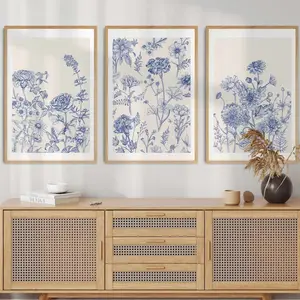 Blue Botanical Wall Art Chinoiserie Wall Art, 3 Piece Wall Decor Minimalist Wall Art, Botanical Set, Wall Art Digital Art