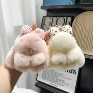 Fresh and Cute Faux Fur Bowknot Rabbit Car Keychain Pendant Plush Toy Backpack Decoration Gift High-Quality Plush Fabric Exquisite Handmade Adorable Animal Motifs