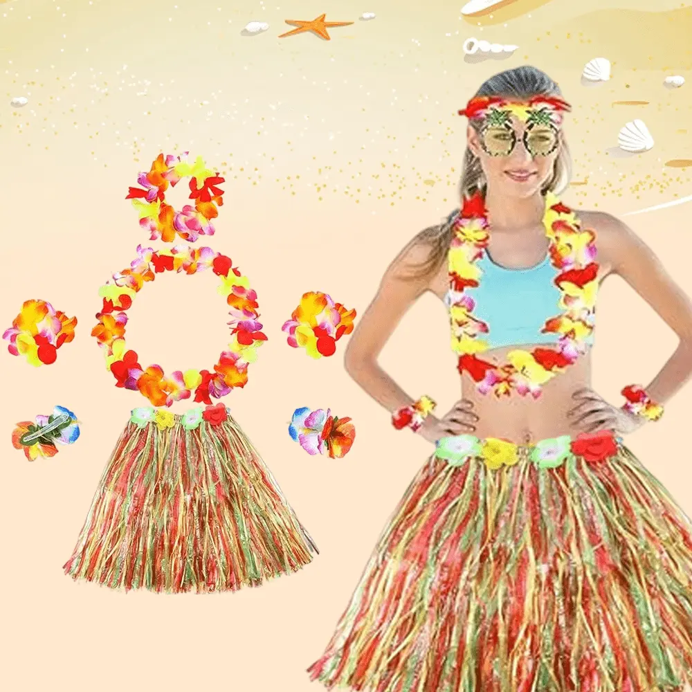 Women's 7Pcs Lightweight Colorful Hawaiian Luau Costumes Set - Soft, Comfortable Silk Ruffle Flower Grass Hula Skirt, Leis, Headband, Hairclip Garland for Tropical Summer Beach Parties Accessories, Floral, Polyester