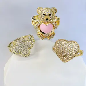 CZ Stone Rings 14k Gold Plated Clover Bear Heart Ring Gift for Her Him