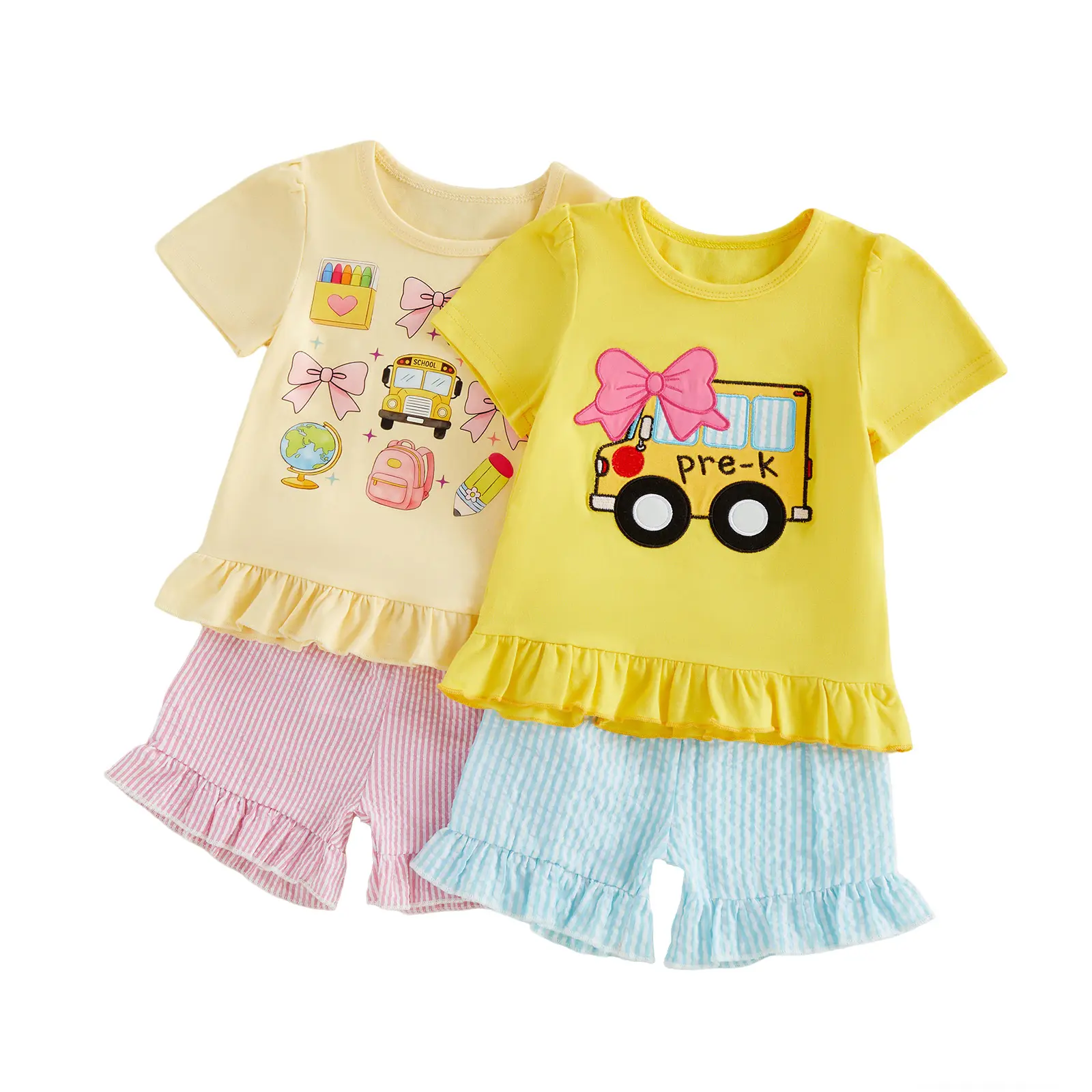 Toddler Baby Little Girl Back to School Outfit Bow School Bus Embroidery Short Sleeve Tops Stripe Shorts 2Pcs Clothes Set 1-6 Years