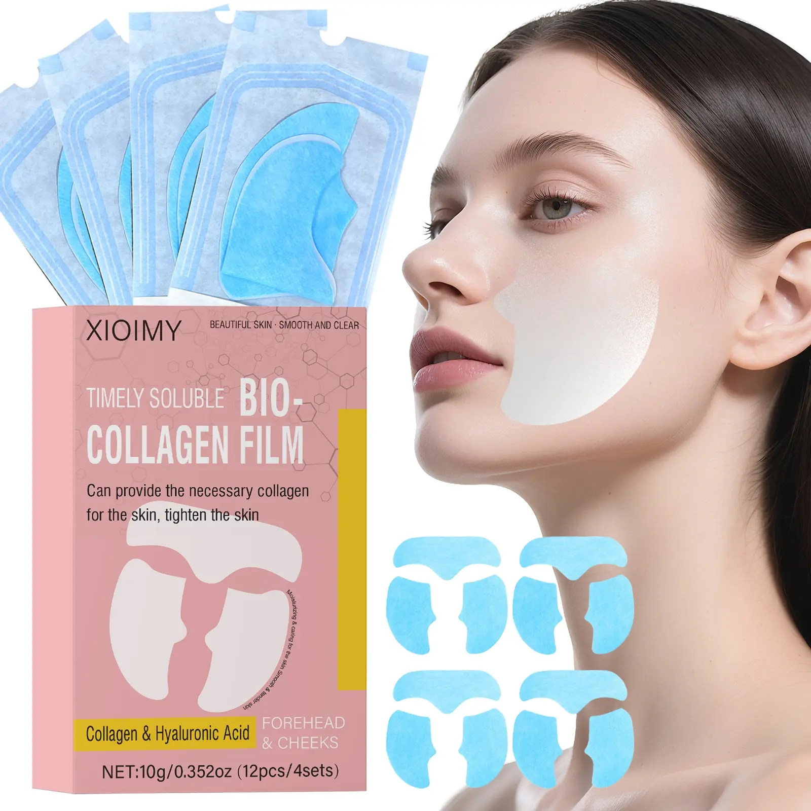 12pcs Bio-Collagen Hyaluronic Acid Facial Mask Set, High Moisturizing and Hydrating Effect, Low Allergen, Fragrance-Free, for Forehead & Cheeks, Skin Tightening Care