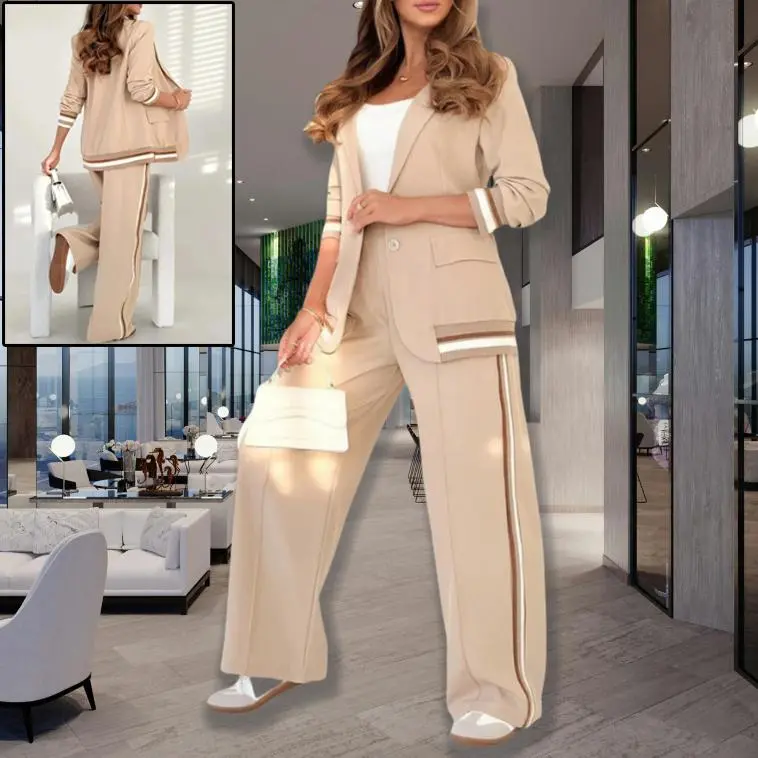 Women's 2-Piece Office Suit Set - Chic Long Sleeve Blazer Jacket, Wide-Leg Fit Polyester Trouser with Contrast Stripe Detail, Business Office Wear, Comfortable, Easy-Matching, Perfect Fit, Stylish, Style, Xxxl, Stripe Cuffs