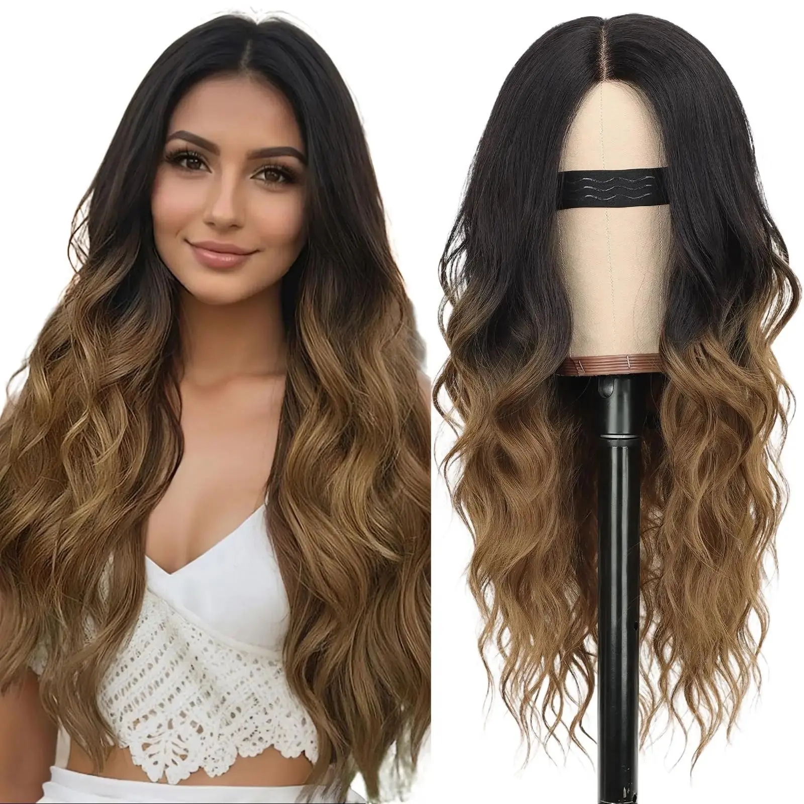 AISI HAIR Women's 26in Glueless Ombre Synthetic Lace Front Wig - 4x1 Lace Middle Part Long Wavy, Heat Resistant, Natural Hairline, Party Ready for Daily Use, Heat Resistant Wigs, Glueless Wigs