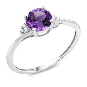 Gem Stone King 10K White Gold Gemstone Birthstone and Diamond Accent Engagement Ring | 6MM Round | Wedding Anniversary Promise Ring For Women | Size 5, 6, 7, 8, 9