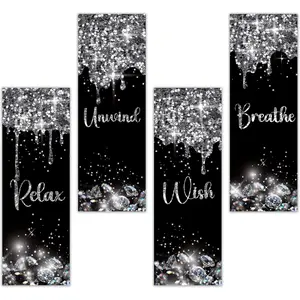 4pcs Bathroom Wall Decor, Black And Silver Wall Art For Home, Glitter Diamond Wooden Decorations, Relax Unwind Wash Believe Wood Hanging Sign For Farmhouse Bathroom Restroom Decor, Home Decor Accessory