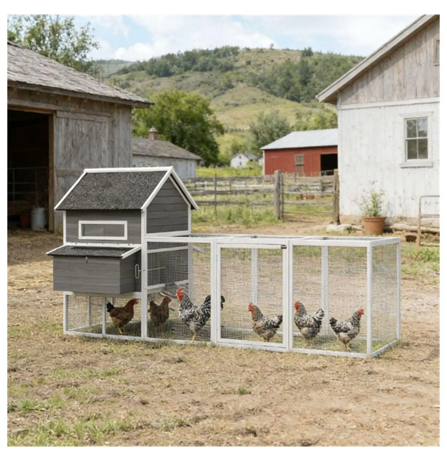 Large Dark Gray Wooden Chicken Coop for Backyard Feathered Friends - Elevated Coop with Run, Nesting Boxes, Ramp, Lockable Doors, Side Door, Removable Bottom Sliding Tray, Easy Clean Tray