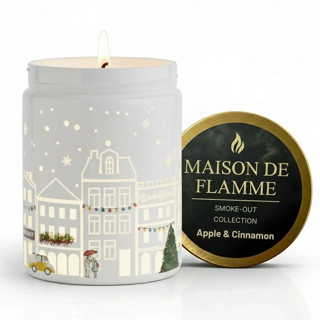 Maison De Flamme Apple & Cinnamon Light-Up Scented Candle – Dual LED Glow + Flame | Smoke-Out Collection (White Jar, 200g / 7oz)