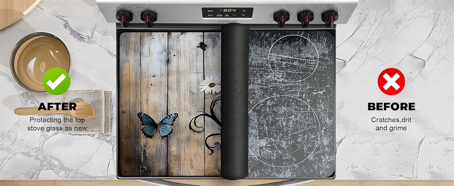 JOYFINITY Heat-Resistant Glass Stove Top Cover with Anti-Slip Rubber Coating – Electric Stove Protector, Scratch-Resistant, Expands Counter Space, Stylish Kitchen Decor (Daisy, 28.4*20.5 in)