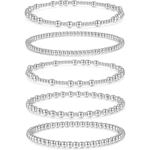 Graduation Gift Silver Beaded Bracelets for Women no tarnish Silver plated Stackable Bead Ball Bracelet Stretchable Elastic Hypoallergenic Trendy