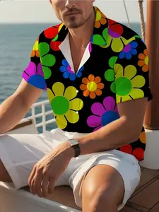 Men's Tropical Geometric Floral Print Button-Up Polo Shirt, Casual Breathable Polyester Fabric, Loose-Fitting Short Sleeve Tee
