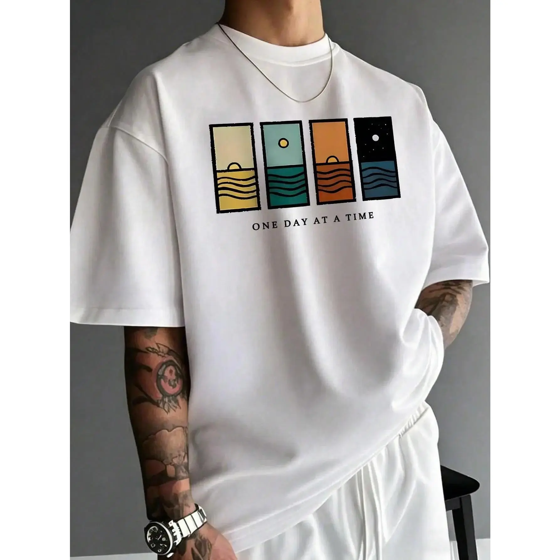 Men's Simple Graphic Print Short Sleeve T-Shirt - Soft, Breathable Casual Menswear Outfits for Summer Sports & Outdoor Activities, Loose