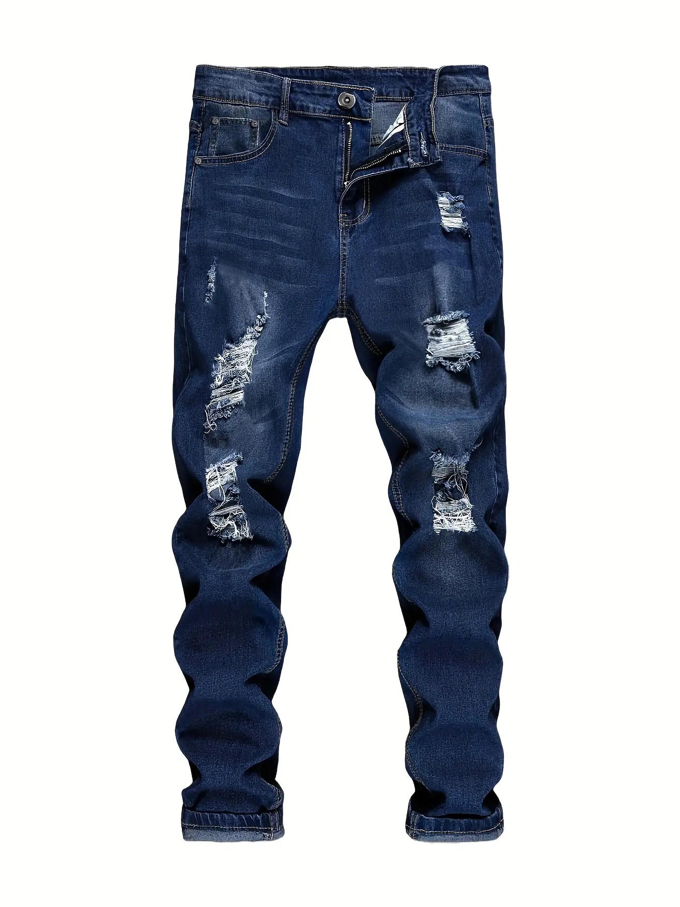 Men's Ripped Slim Fit Plain Denim Jeans - Retro Natural Breathable Classic Menswear Fabric, Versatile Elastic Casual Distressed Pants, Durable, Casual Wear, Slim-Fit Cut Blue Overall, Solid, Ripped Details