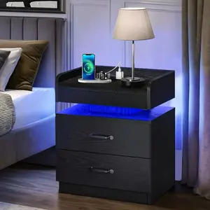 Modern Black Nightstand with LED Lighting & Charging Station - 2 Drawers for Bedroom & Living Room - Bedside Table with Storage