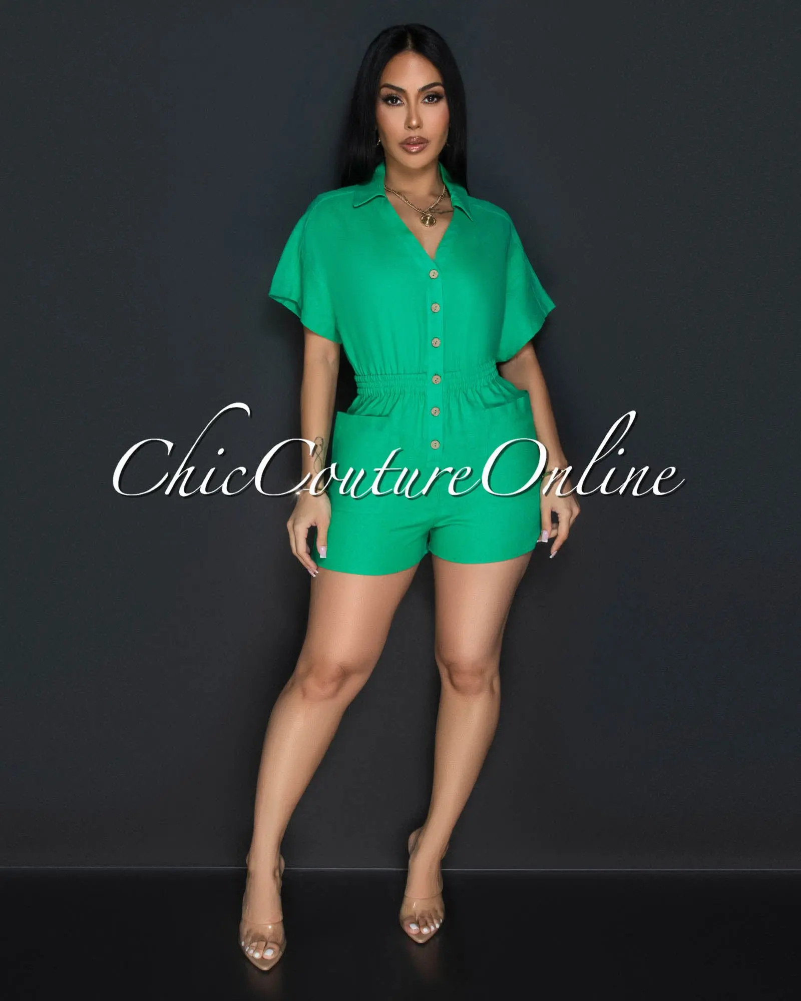 *Cora Kelly Green Front Buttons Linen Utility Romper