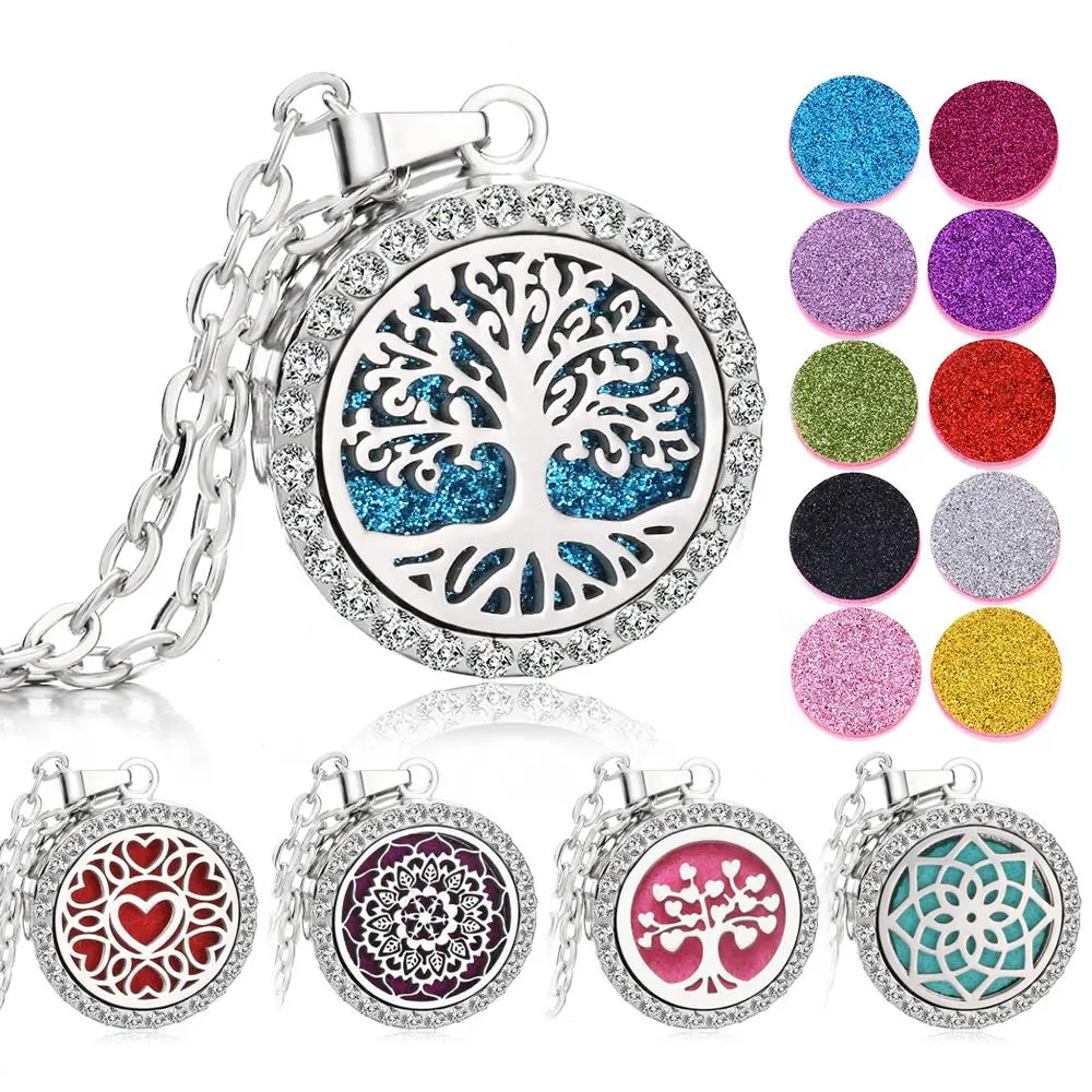 Rhinestone Diffuser Locket Necklace - Tree of Life Perfume Pendant with Rhinestone Accents, Bling Stylish Accessory Charm Necklace Set for Essential Oil Aromatherapy Jewelry Gift