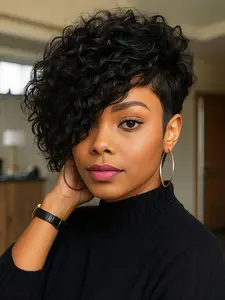 Women Short Hair Wig, Synthetic Fiber Headwear, Long Wavy Bangs Design, Trendy Daily Wear Accessory, Perfect for Casual, Curly Wigs