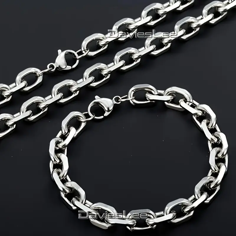 Hermah 10mm Rolo Cable Mens Necklace Chain Silvery Stainless Steel Bracelet Necklace Fashion Jewelry Set