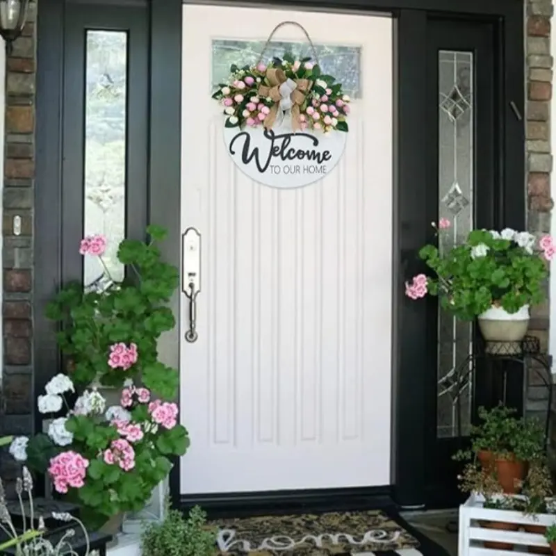Welcome Wreath Wooden Door Hanger, Warm Floral Porch Wall Decor, Farmhouse Front Door Welcome Sign, Indoor Outdoor Garden Decoration for Holidays, Home Decor, Round Wreaths