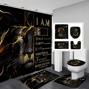 Gold Lion Print Shower Curtain Set, Modern Bathroom Decor, No-Drill Hooks Included, Multifunctional Bath Divider, Gift for Friends and Family