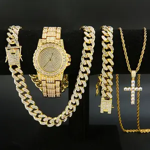 4 pieces/set, men's watch set, men's Cuban necklace and bracelet set, men's cross necklace set Jewelry