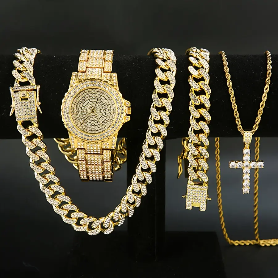 Men's Hip Hop Watch Set, 4-Piece Gold Tone Jewelry with Iced Out Cuban Link Chain, Bracelet & Cross Pendant, Cuba, Gold Jewelry, Punk Rock, Men's Jewelry