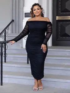 Plus Size Off Shoulder Mesh Stretchy Bodycon Dress, Elegant Chic Ruched Long Sleeve Evening Party Gown, Women's Clothes for Summer, Womenswear, Formal Wear, Formal Dresses
