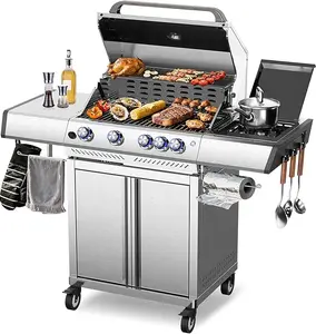 R.W.FLAME 4 Burner Gas Grill, 42,000 BTU Propane Grill, Outdoor Grills with Side Burner, Outdoor Barbecues with Stainless Steel Mesh and Plates, for Camping, Backyard, Patio and Deck