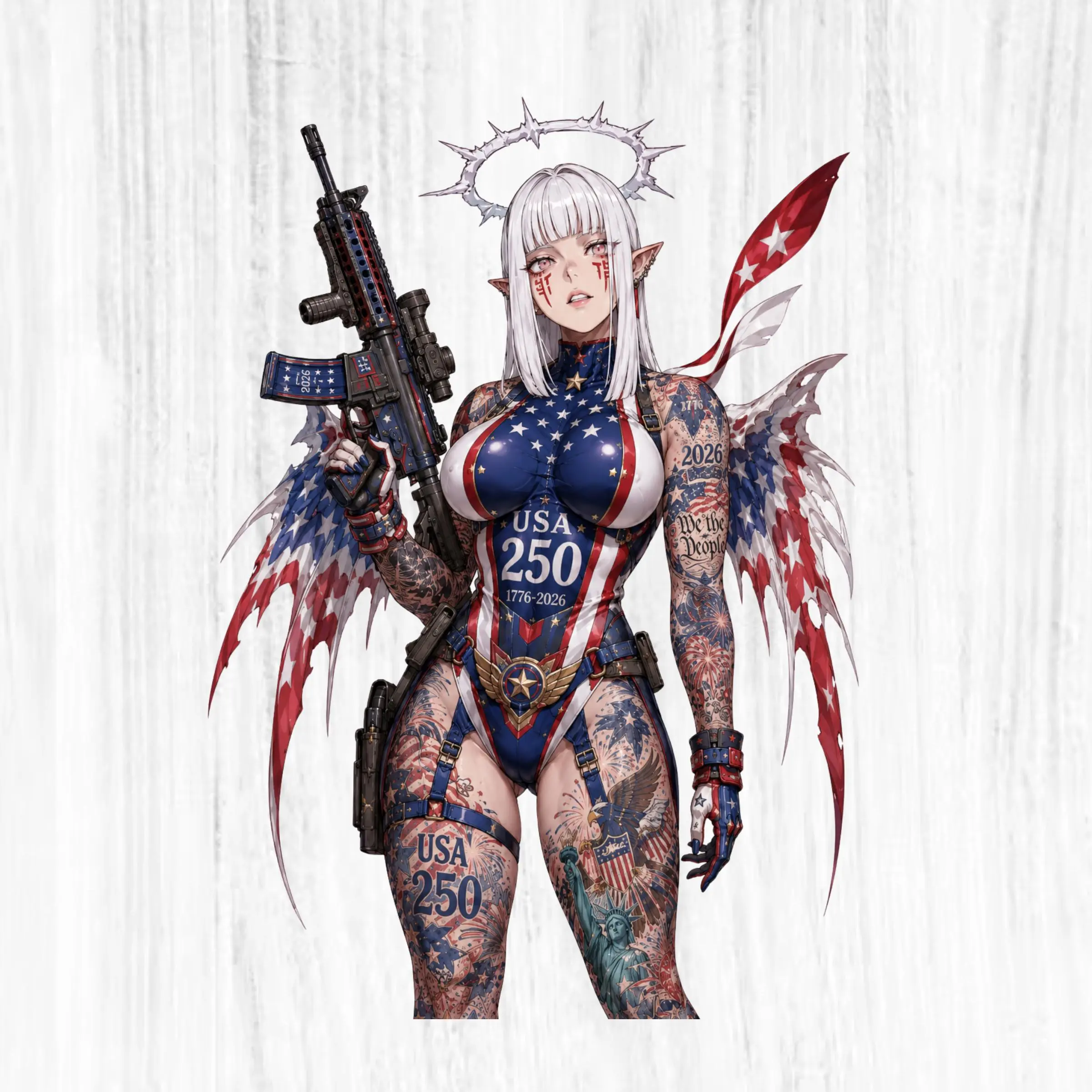 White Hair Angel Patriot Girl USA 250 America 1776 2026 Vinyl Sticker, Patriotic Wings Anime Warrior Gun Decal, American Flag Tattoo Art