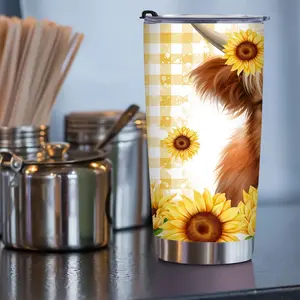 20oz Stainless Steel Durable Insulated Cup with Lid, Tumbler, Flasks, Sunflower Calf Print Design, Dual-Layer Vacuum Thermal Bottle for Outdoor Travel Sports, Drinkware