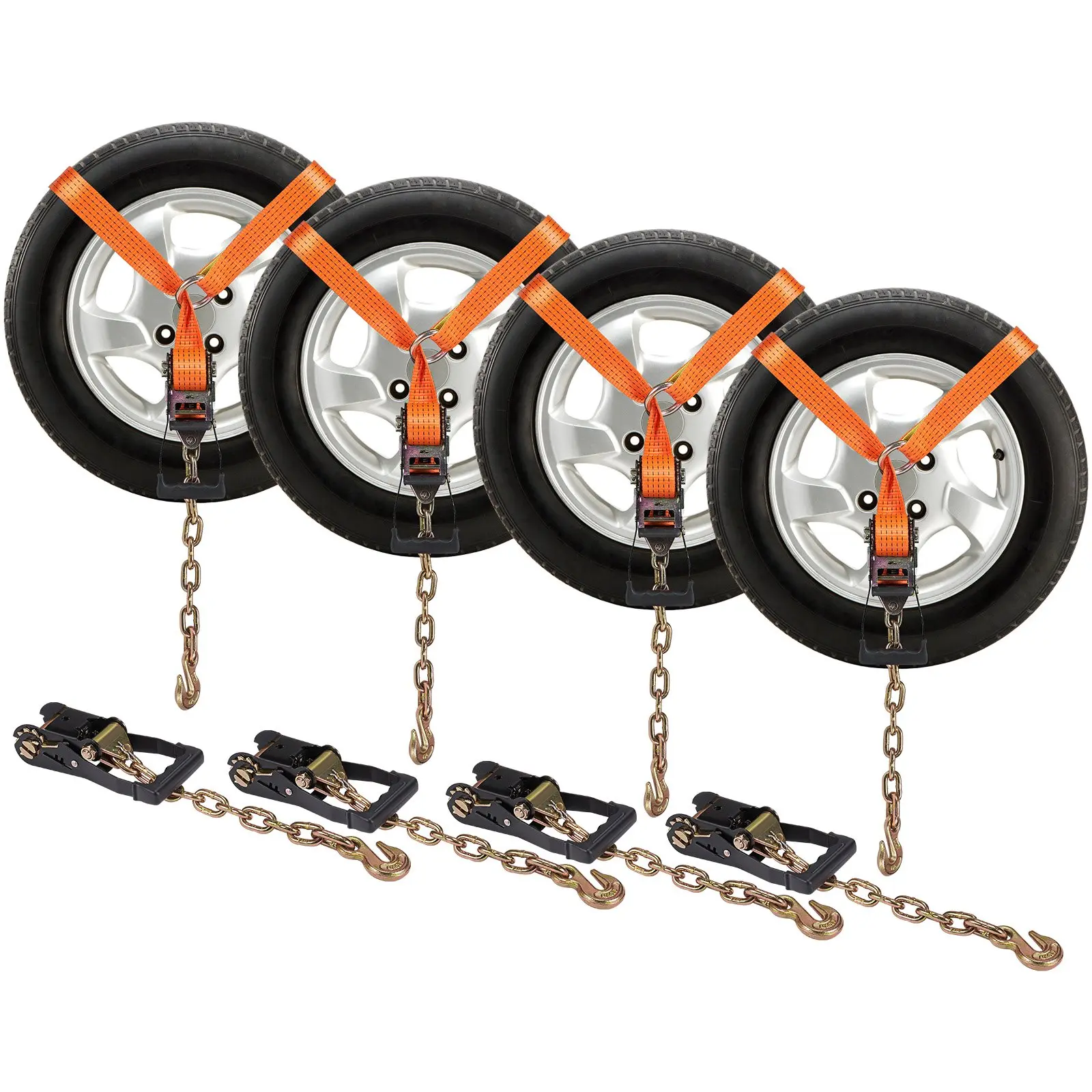 VEVOR Heavy Duty Car Tie Down Hooks with Chain Anchors, 4-Pack 2"×120" Lasso Tire Straps - 5865 LBS Working Load, 11023 LBS Breaking Strength, Ratchet Buckles for Vehicle Transportation Auto Accessories, Hook, Polyester