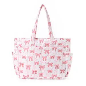 Women's Coquette Quilted Tote Bag Large Capacity Bow Print Shoulder Bag, Cute Multi-Pocket Aesthetic Handbag for Women Teen Girls, Pink Black Casual Tote for School Work Daily Travel Shopping, Perfect Gift for Her toad purse