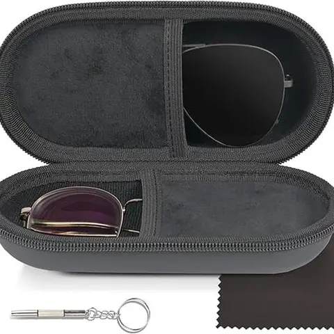 Unisex Synthetic Plain Hard Shell Dual Eyeglasses Case - Eye Glasses Holders with 2 Slots, Clip-Zipper, Secure Clips, Compact Storage Box, Bag-Fit Organizes Glasses for Commute & Daily Travel