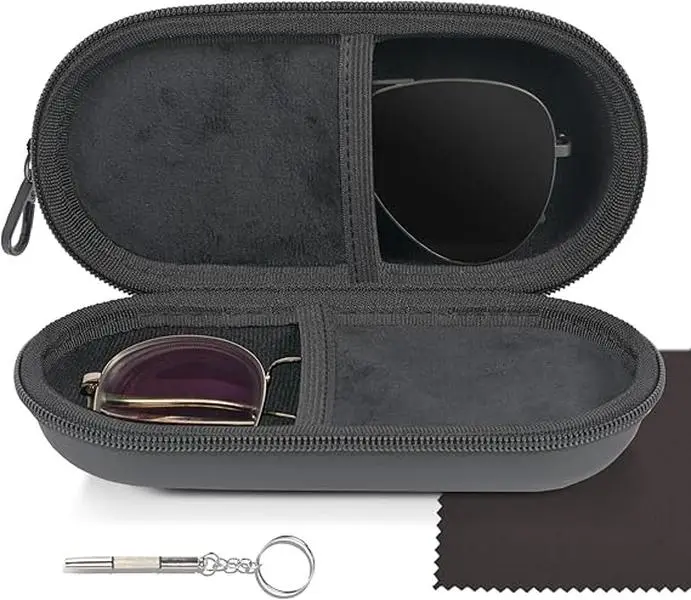 Hard Shell Sunglasses Organizer for 2 Pairs, Solid Unisex Glasses Storage Case for Travel with Secure Zipper and Carabiner Clip, Double Slots
