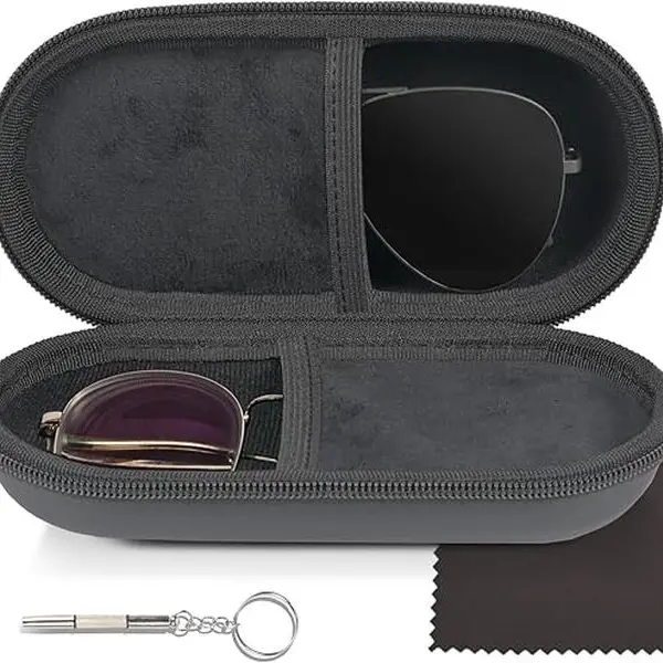 Unisex Synthetic Plain Hard Shell Dual Eyeglasses Case - Eye Glasses Holders with 2 Slots, Clip-Zipper, Secure Clips, Compact Storage Box, Bag-Fit Organizes Glasses for Commute & Daily Travel