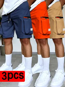 Men’s casual cargo shorts, set of 3; quick-drying, breathable fabric; comfortable polyester fabric; multi-pocket design; elastic drawstring waist; regular fit woven shorts; machine washable; suitable for summer outdoor leisure wear.
