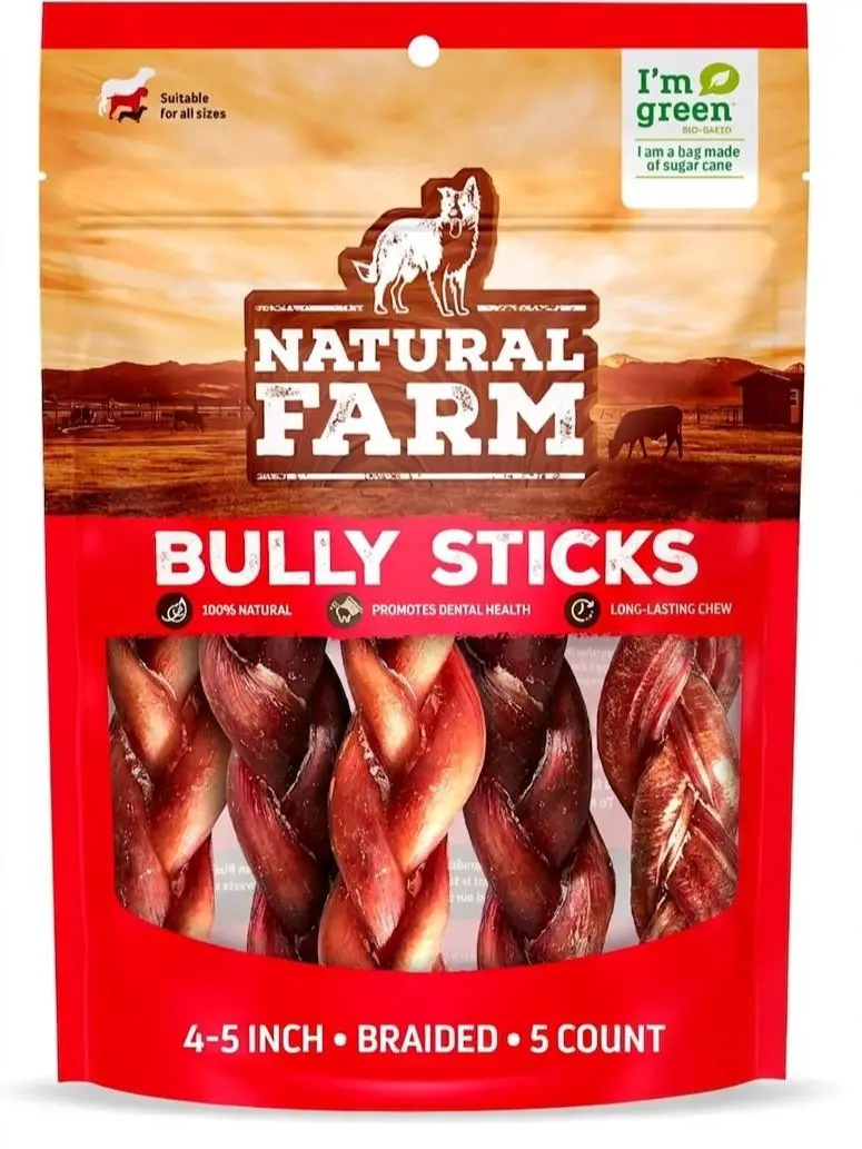 Natural Farm 4-5 in Braided All-Natural Beef Cheek Muscle Bully Sticks, 5-Pack High-Protein Dog Chews, Rawhide Alternative Dental Treats, Plaque Removal