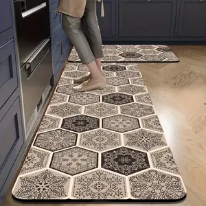 2 Pcs Boho Kitchen Rugs Vintage Geometric Hexagon Pattern. Non-Slip Rubber Backing. Thin Low Profile Runner. Absorbent Non-Woven Material. Easy Wipe Clean Decor. Brown Mandala Tile Design