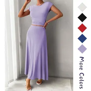 Two Piece Skirt Sets For Women Comfy Summer Outfits Crew Neck Short Sleeve Elastic Waist Maxi Skirts Matching Set