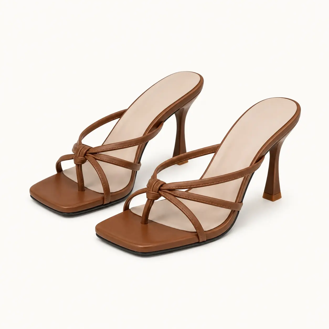 GeeYea women’s brown Strappy Mule Heels, Square Toe High Heel Slide Sandals with Knot Detail, Genuine Leather Upper, Sheepskin Lining & Rubber Sole, Elegant Shoes for Date Night, Party & Spring Summer Outfits