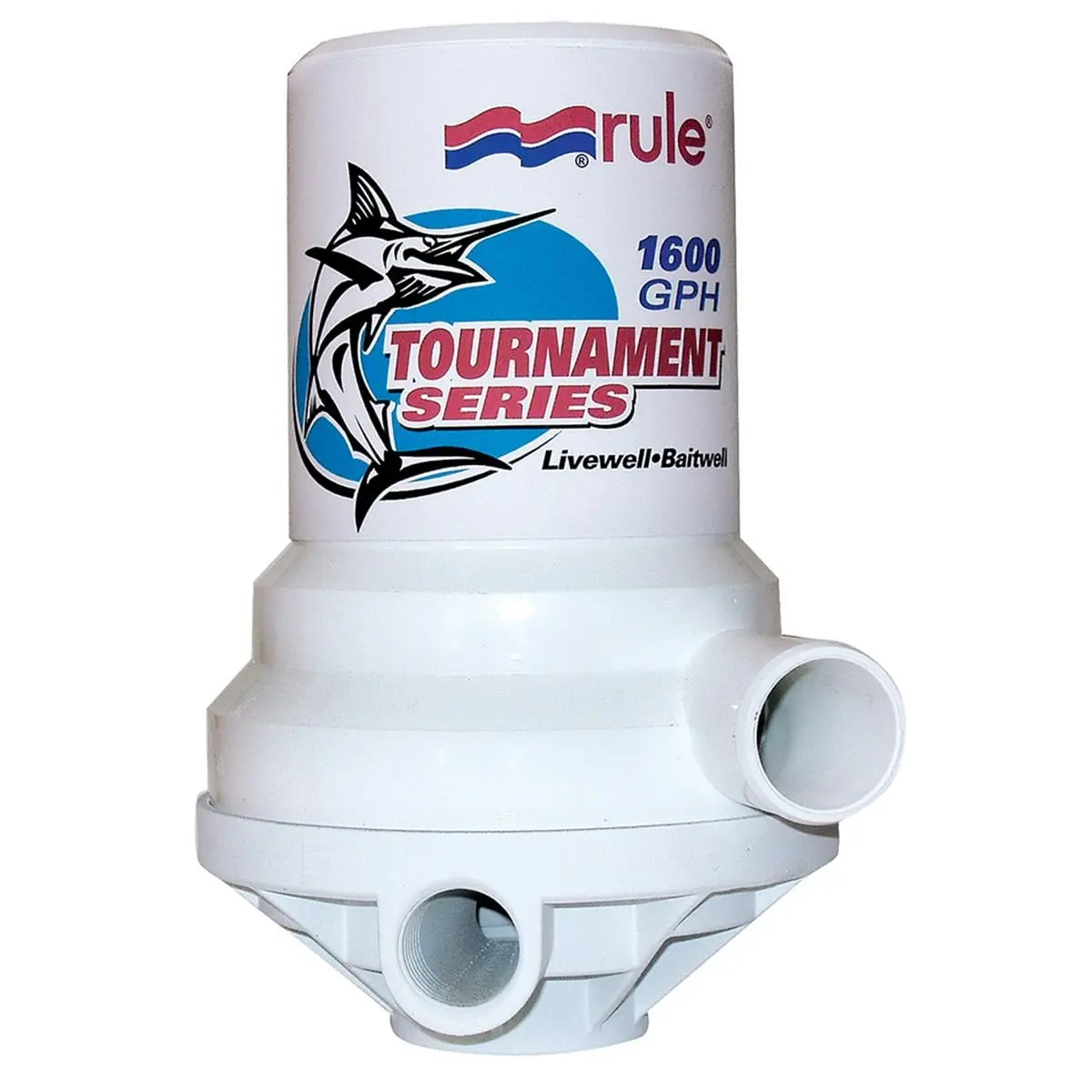 Tournament Series Anti-Airlock High Capacity Livewell Pump - Dual Port, 1" (25mm) NPT Intake, 1-1/8" (29mm) Discharge Outlet, Glass Nylon Construction, Long-Life Motor, Washdown Safe, Dc Water Pumps