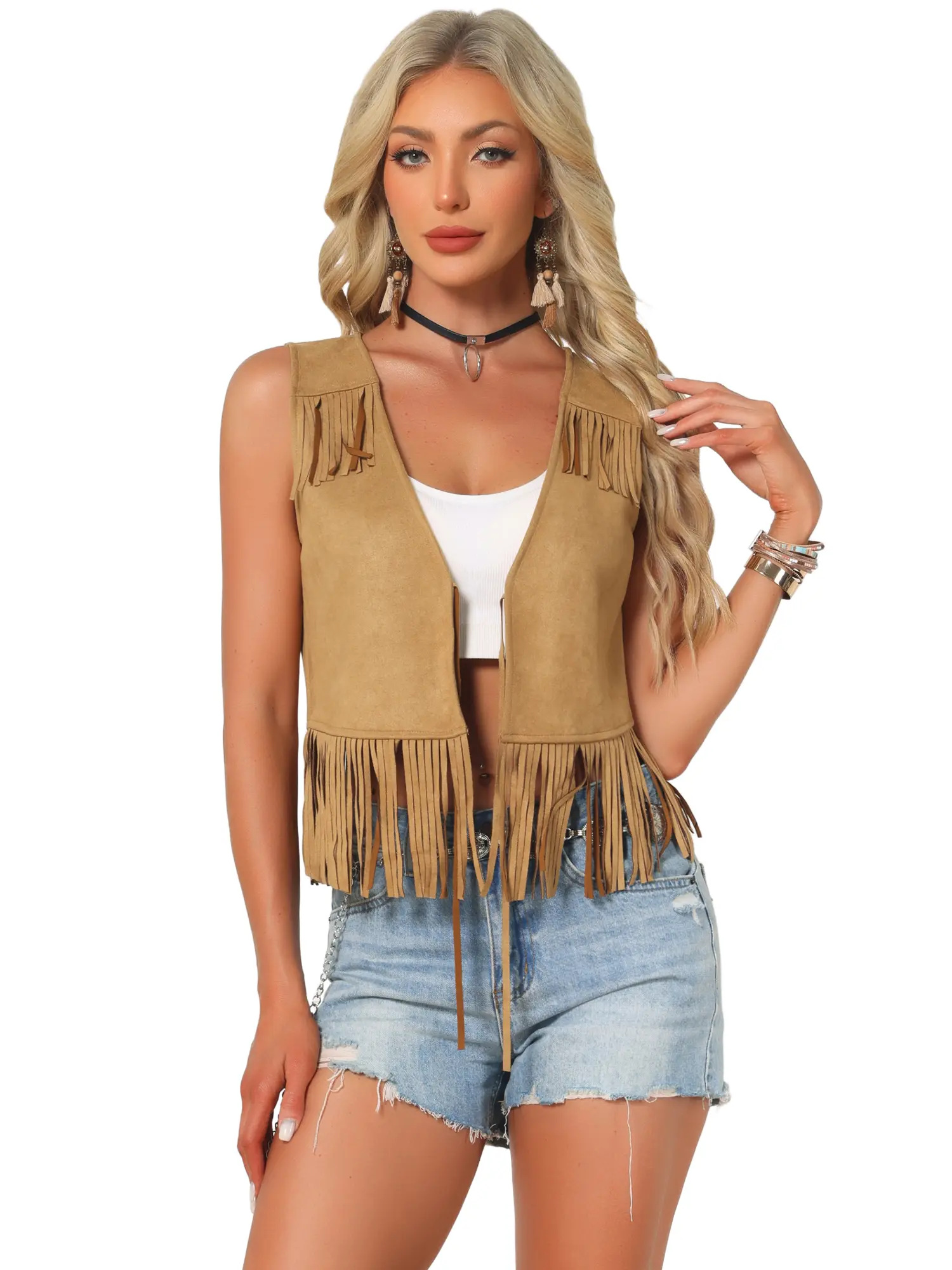 INSPIRE CHIC Fringe Vests Women's Cowgirl 70s Sleeveless Country Concert Faux Suede Tassel Vest Top