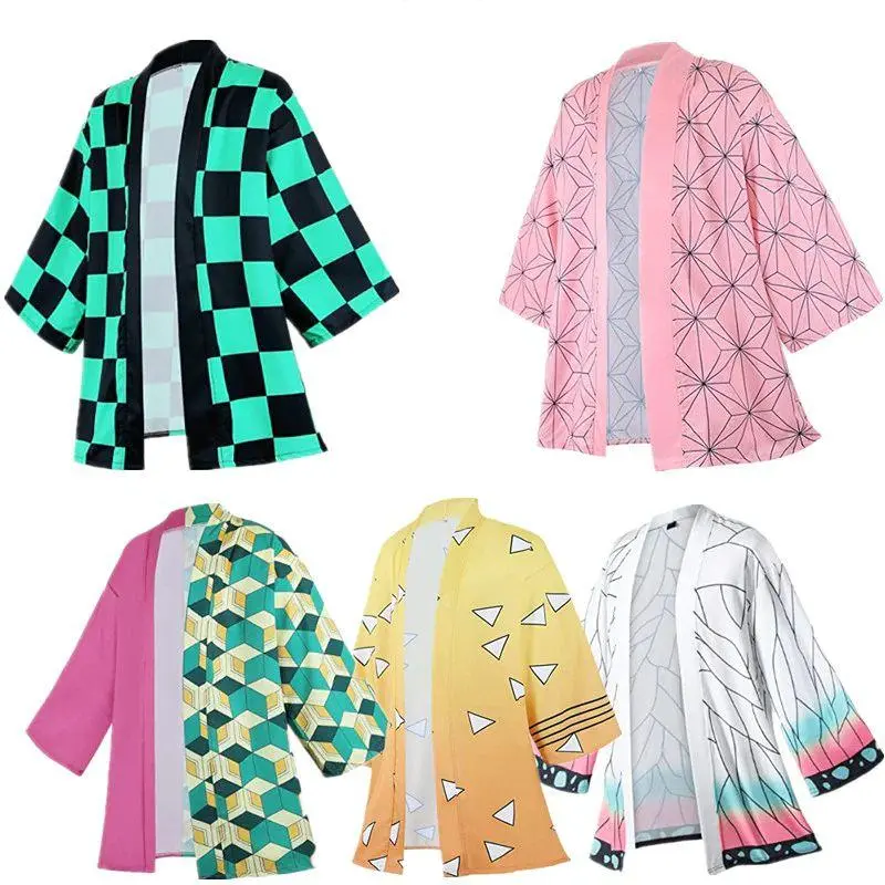 Womenswear Y2K Themed Outerwear - Women's Pink Polyester Kamade Zezeko Anime Kimono Cardigan, Men's Green Black Checkered Kamado Tanjirou Japanese Haori Coat for Workwear Uniforms