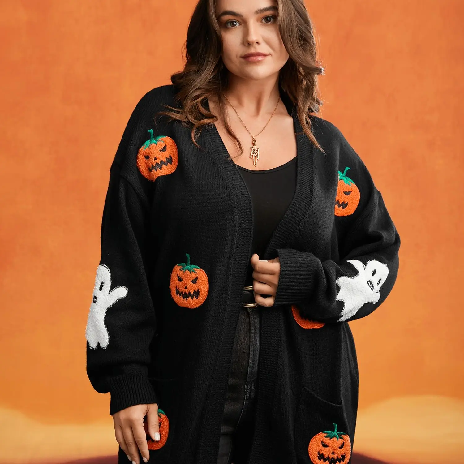 BloomChic Plus Size Women's Knit Kimono Cardigan [M-6X,14-16/1X], Long Sleeve Drop Shoulder Open Front Knitwear, Casual Pullover Tops with Embroidered Pockets, Cozy Fall Layering Tops