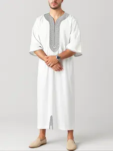 Classic Muslim Embroidered Moroccan Arab Robe, Modesty Thobe, Traditional Ramadan Eid Clothing, Men's V-Neck Long Coat with Silver Color Stitching