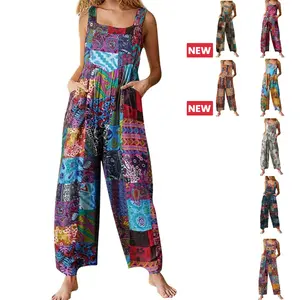 Tanming Women's Patchwork Dual Pocket Jumpsuit Loose Floral Print Bohemian Wide Leg Bib Overall Springfresh