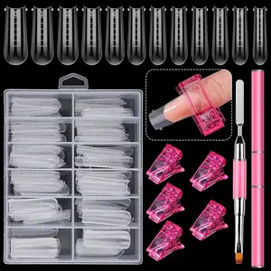 Ebanku Dual Nail Set, 120 Pieces Dual Gel Coffin Nail Molds, Gel Dual Head Nail Brush, 5 Acrylic Nail Extension Clips