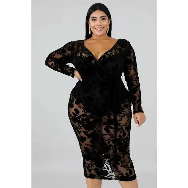Women's Plus Size Elegant Lace Bodycon Gown - 1-Piece Sexy V-Neck Long Sleeve Formal Evening Party Dress, Chic Essential, Sizes XL-6XL (Including 3XL,5XL), Xl To 6Xl
