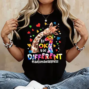 Women's Autism Awareness Giraffe Heart Puzzle Print Short-Sleeve Round Neck T-Shirt, Casual Loose Style Tee with Comfortable Fit, Women's Clothes for Everyday & Special Occasions (Sports & Outdoor Top)